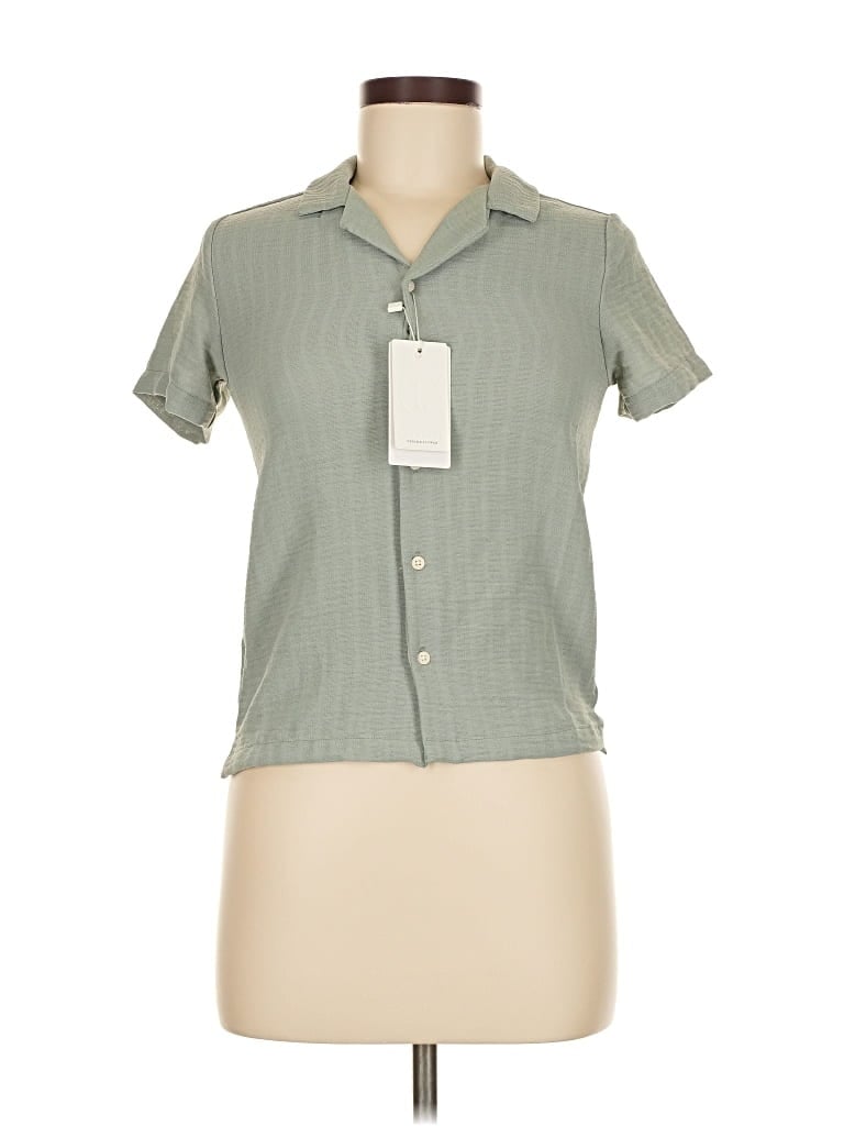 Denim And Flower Short Sleeve Blouse In Green