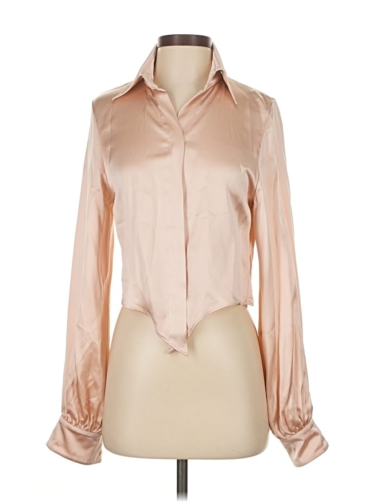 Pre-owned Sergio Hudson Long Sleeve Silk Top Tan Tie Neck Tops In Brown