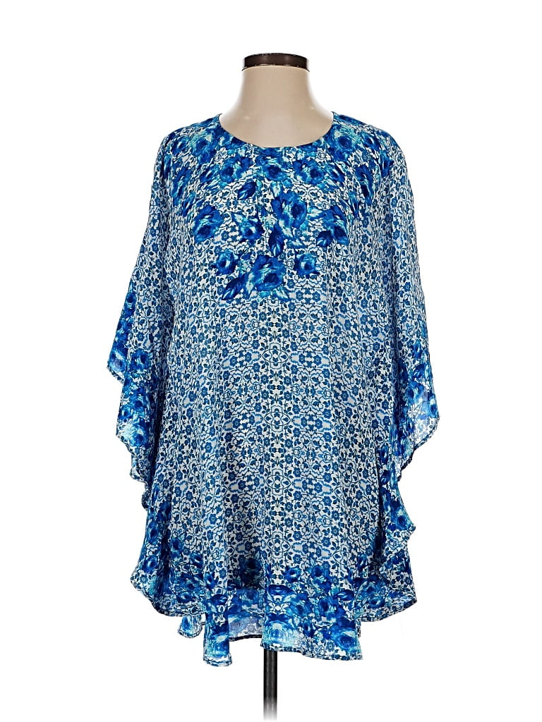 Pre-owned Assorted Brands 3/4 Sleeve Silk Top Blue Cold Shoulder Neckline Tops