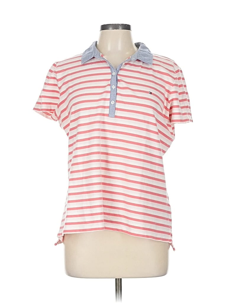 Pre-owned Tommy Hilfiger Short Sleeve Top Pink Collared Neckline Tops
