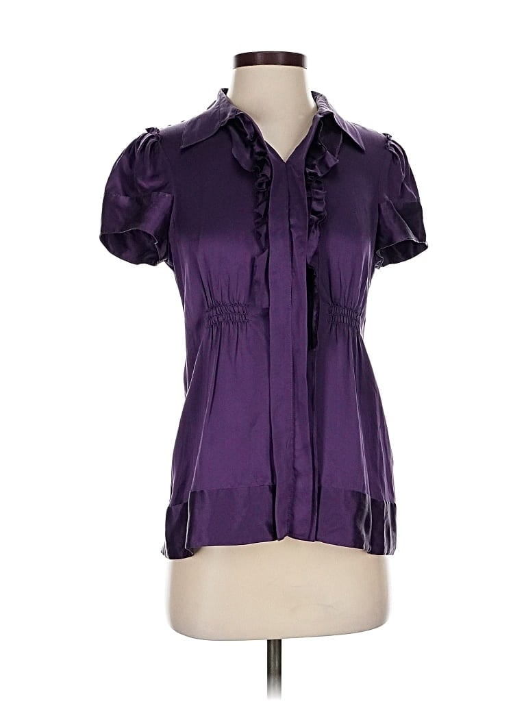 Pre-owned Bcbgmaxazria Short Sleeve Silk Top Purple Tie Neck Tops