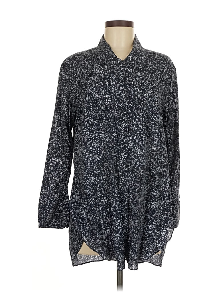 Pre-owned Halston Heritage Long Sleeve Silk Top Gray Polka Dots Pattern Mock Neckline Tops
