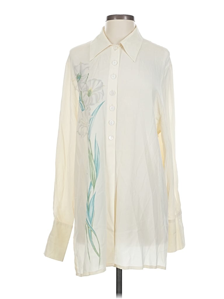 Pre-owned Laurèl Long Sleeve Silk Top Ivory Print Pattern Mock Neckline Tops In White