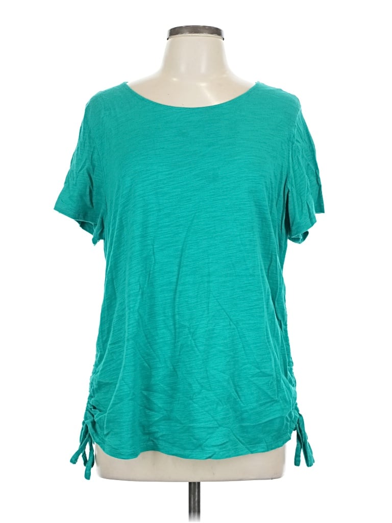 Pre-owned Belle By Kim Gravel Short Sleeve Top Teal Scoop Neck Tops In Blue