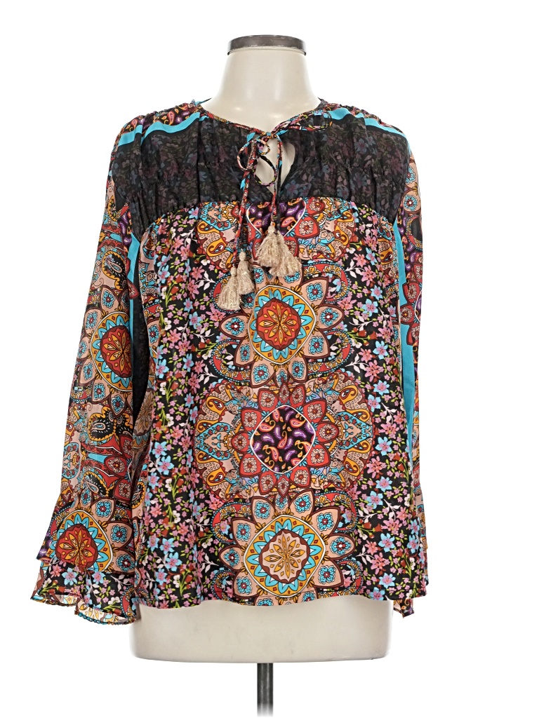 Pre-owned Johnny Was Long Sleeve Silk Top Black Tie Neck Tops