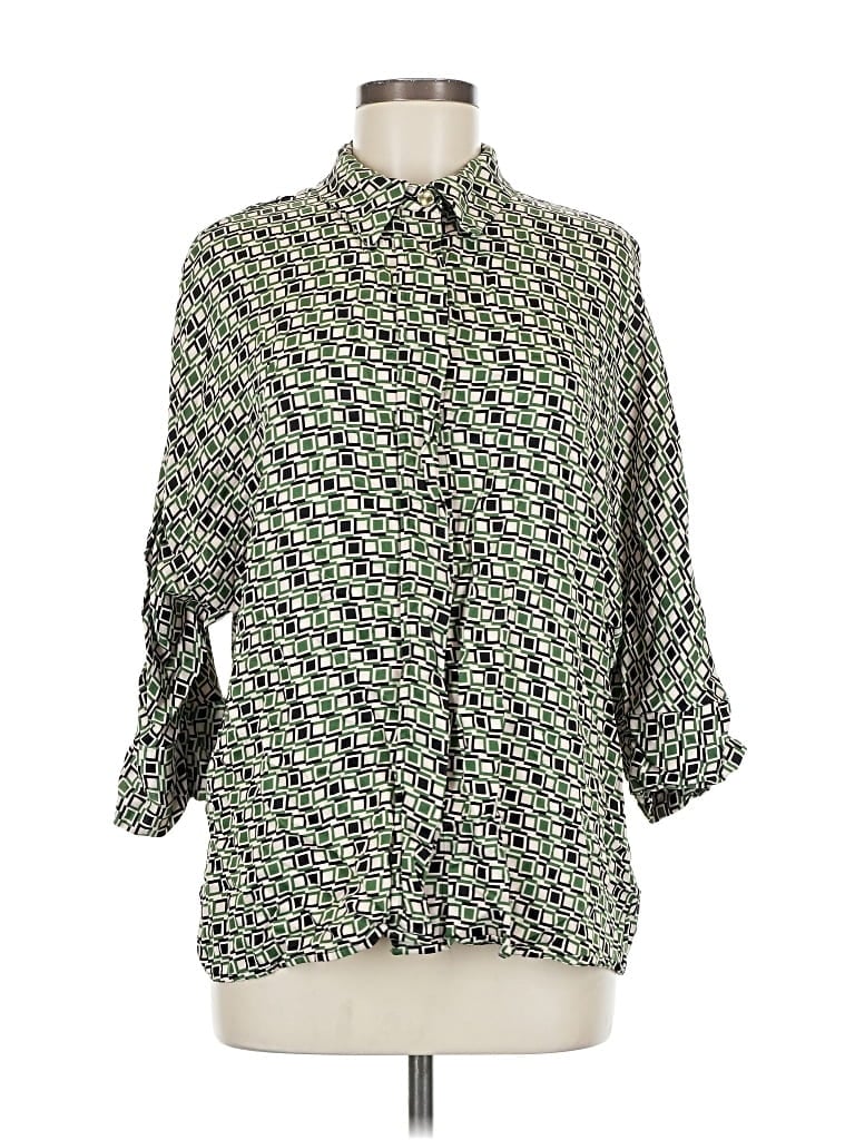 Pre-owned Zara 3/4 Sleeve Button Down Shirt In Green