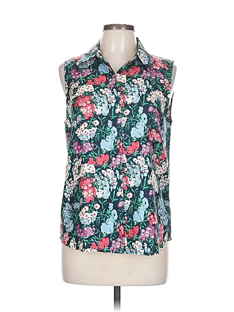 Pre-owned Draper James Sleeveless Silk Top Teal Floral Pattern Halter Neckline Tops In Blue