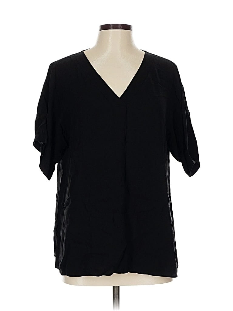 Pre-owned Eileen Fisher Short Sleeve Silk Top Black V Neck Tops