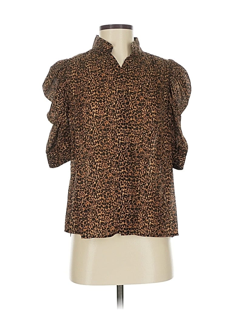 Pre-owned Frame Short Sleeve Silk Top Brown Animal Print Pattern Cold Shoulder Neckline Tops