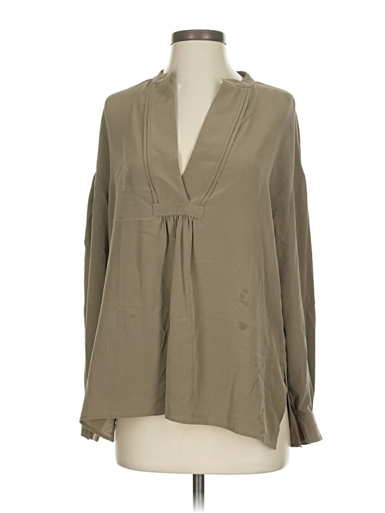 Pre-owned Vince Long Sleeve Silk Top Tan Plunge Neckline Tops In Brown