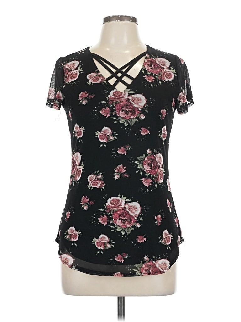 Pre-owned No Boundaries Short Sleeve Top Black Keyhole Neckline Tops