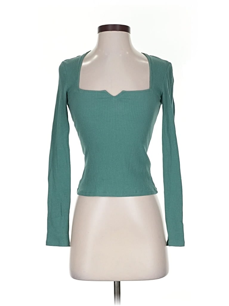 Pre-owned Monki Long Sleeve Top Teal Sweetheart Neckline Tops In Blue