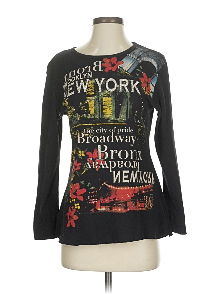 Pre-owned Susan Lawrence Long Sleeve Top Black Scoop Neck Tops