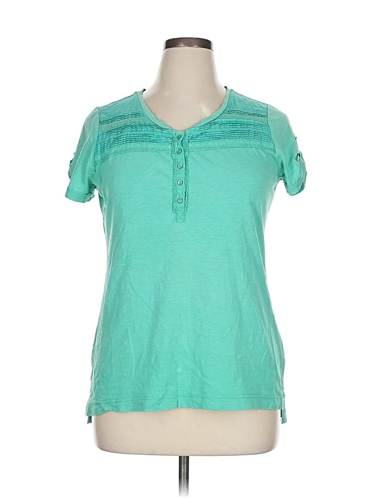 Pre-owned Eddie Bauer Short Sleeve Top Teal Keyhole Neckline Tops In Blue