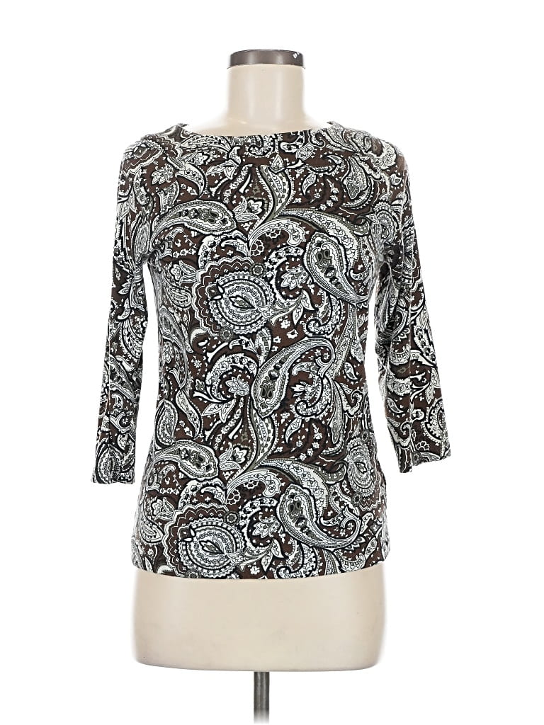 Pre-owned Jones New York Signature 3/4 Sleeve Top Gray Paisley Pattern Boatneck Tops