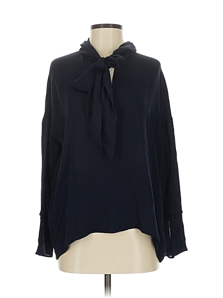 Pre-owned Theory Long Sleeve Silk Top Black Tie Neck Tops