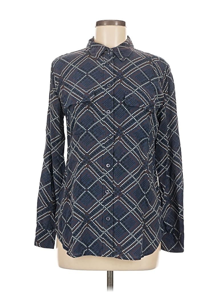 Pre-owned Equipment Long Sleeve Silk Top Blue Argyle Pattern Mock Neckline Tops
