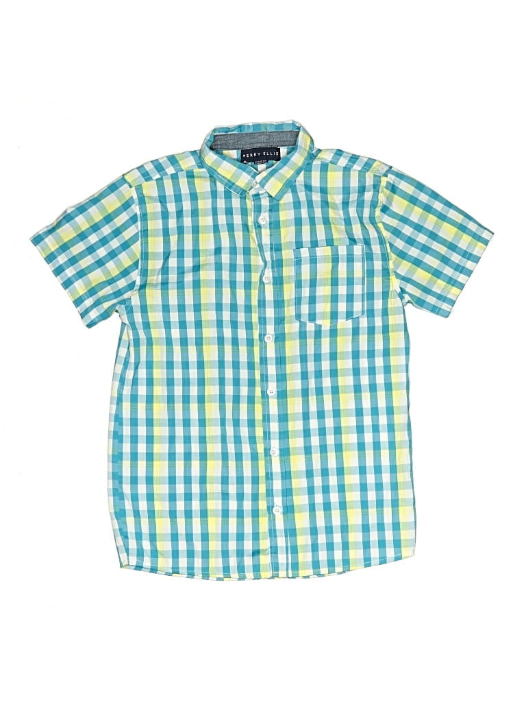 Pre-owned Perry Ellis Kids' Short Sleeve Button Down Shirt In Green
