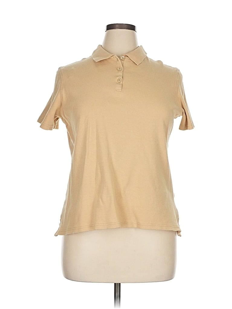 Pre-owned Classic Elements Short Sleeve Top Tan Collared Neckline Tops In Brown