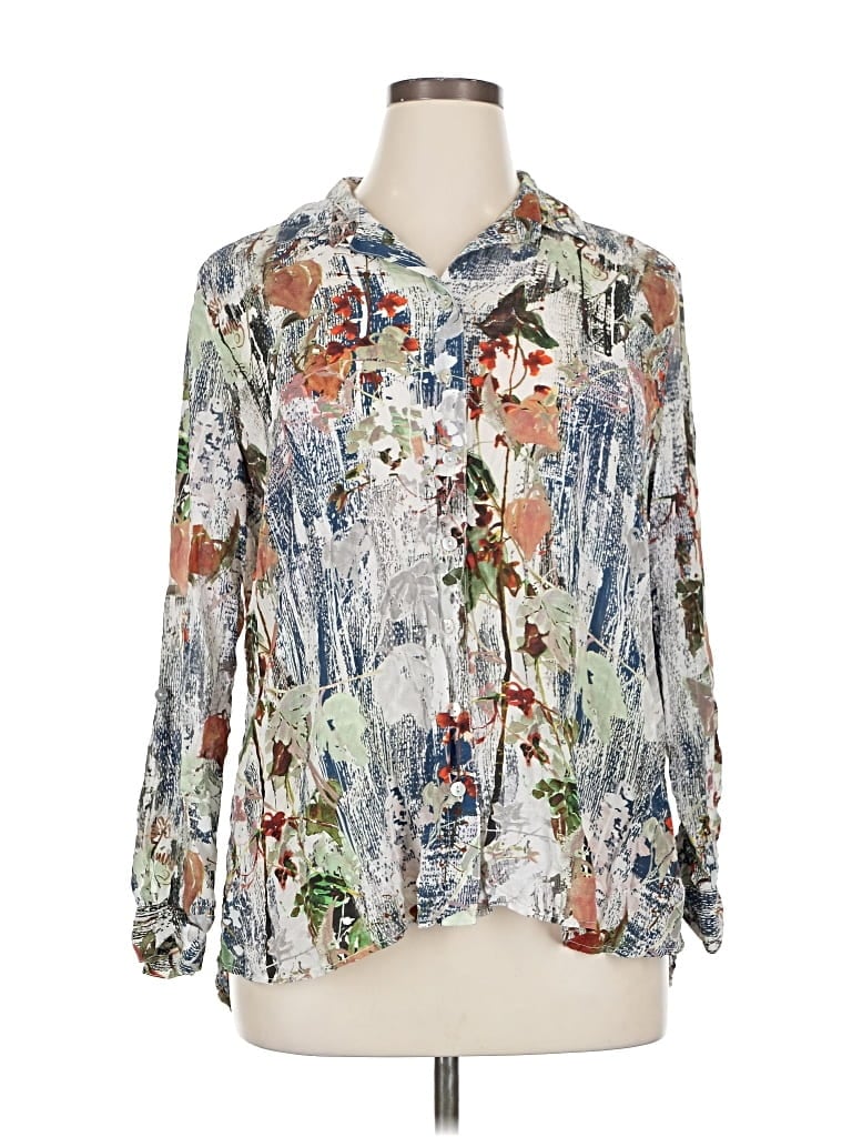 Pre-owned Tianello Long Sleeve Silk Top Silver Print Pattern Tie Neck Tops