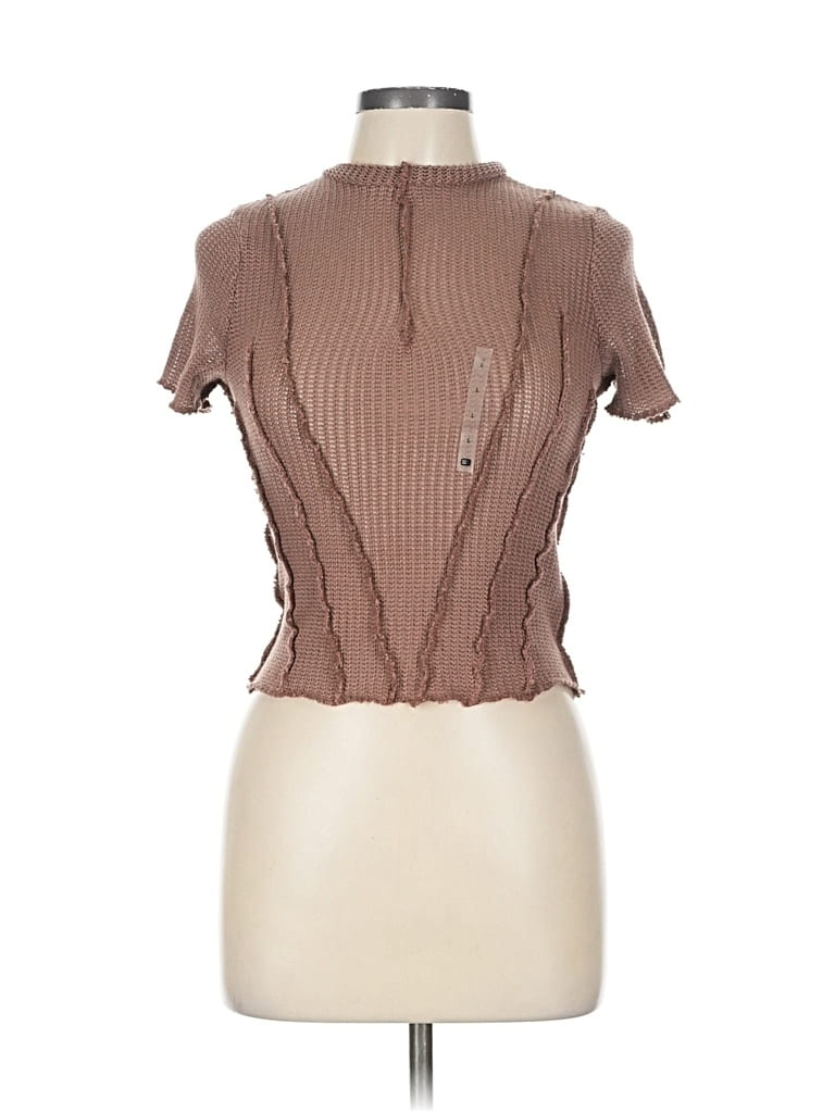 Pre-owned Gilded Intent Short Sleeve Top Brown Mock Neckline Tops