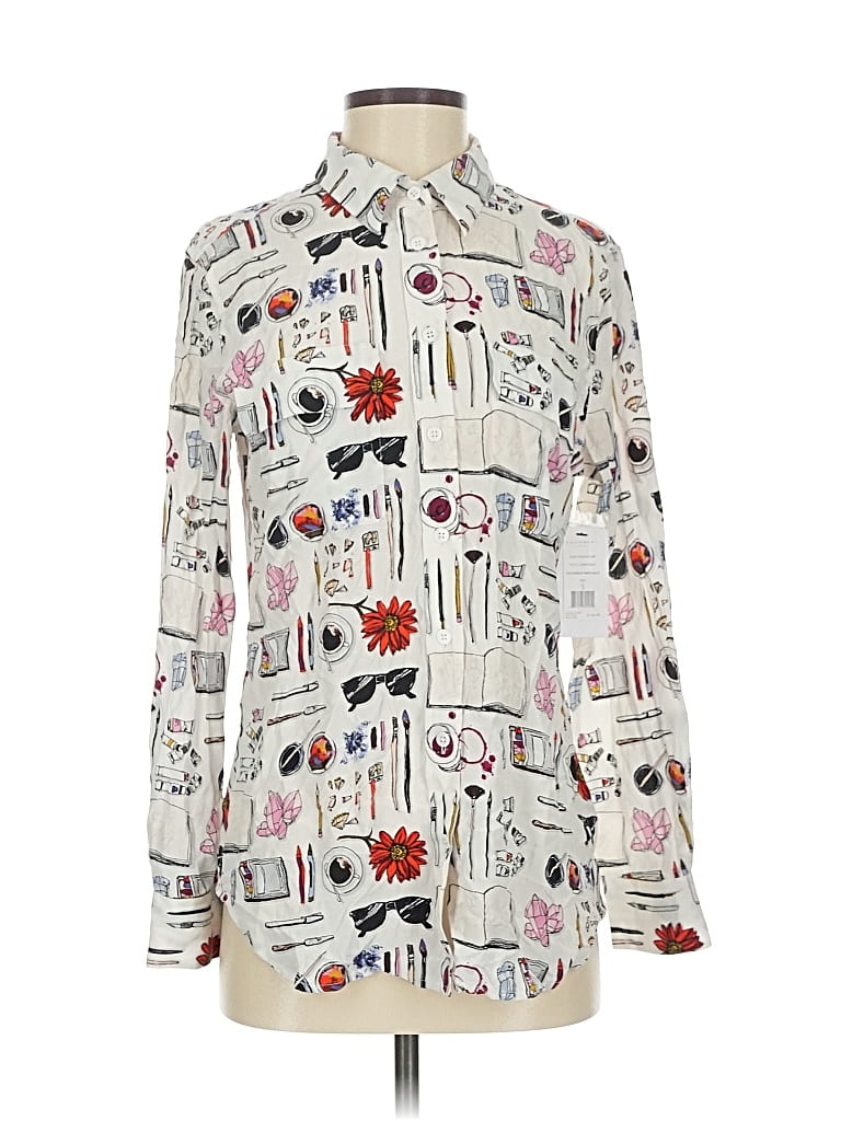 Pre-owned Equipment Long Sleeve Silk Top Ivory Print Pattern Collared Neckline Tops In White