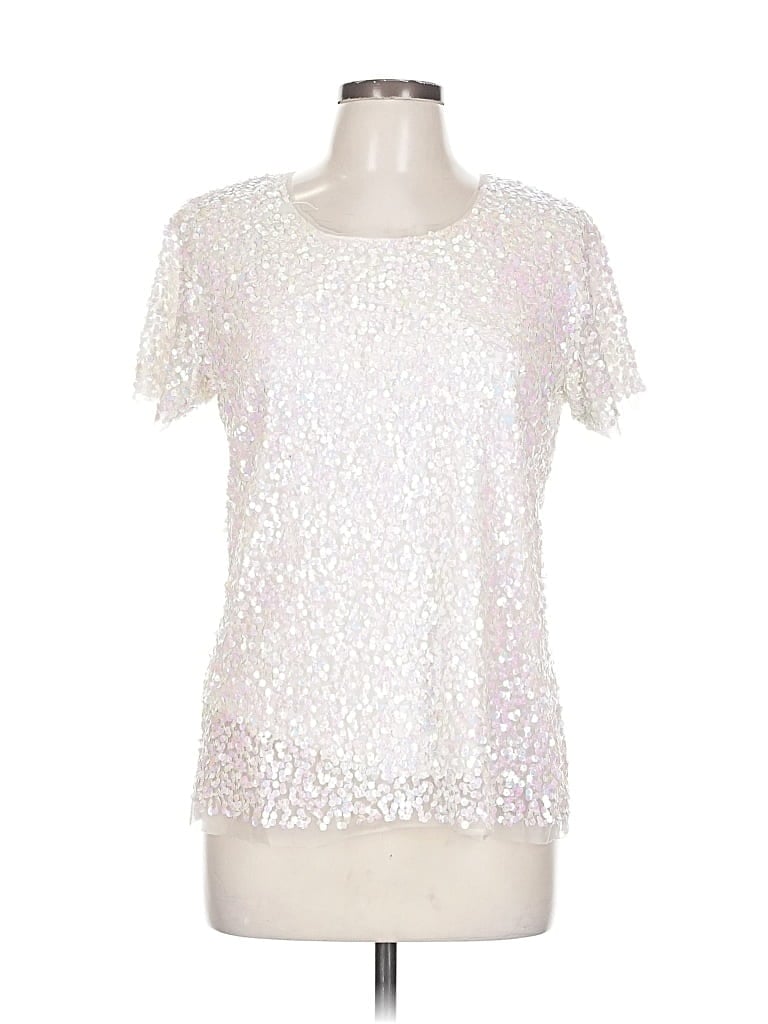 Pre-owned Gryphon New York Short Sleeve Top Silver Metallic Pattern Crew Neck Tops