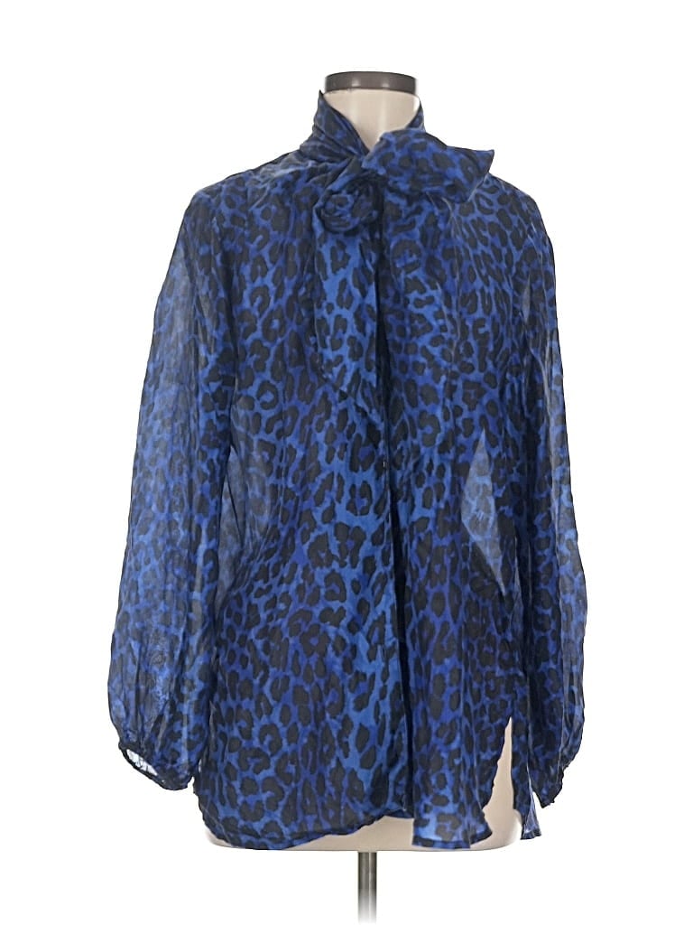 Pre-owned Caroline Rose Long Sleeve Silk Top Blue Animal Print Pattern Tie Neck Tops