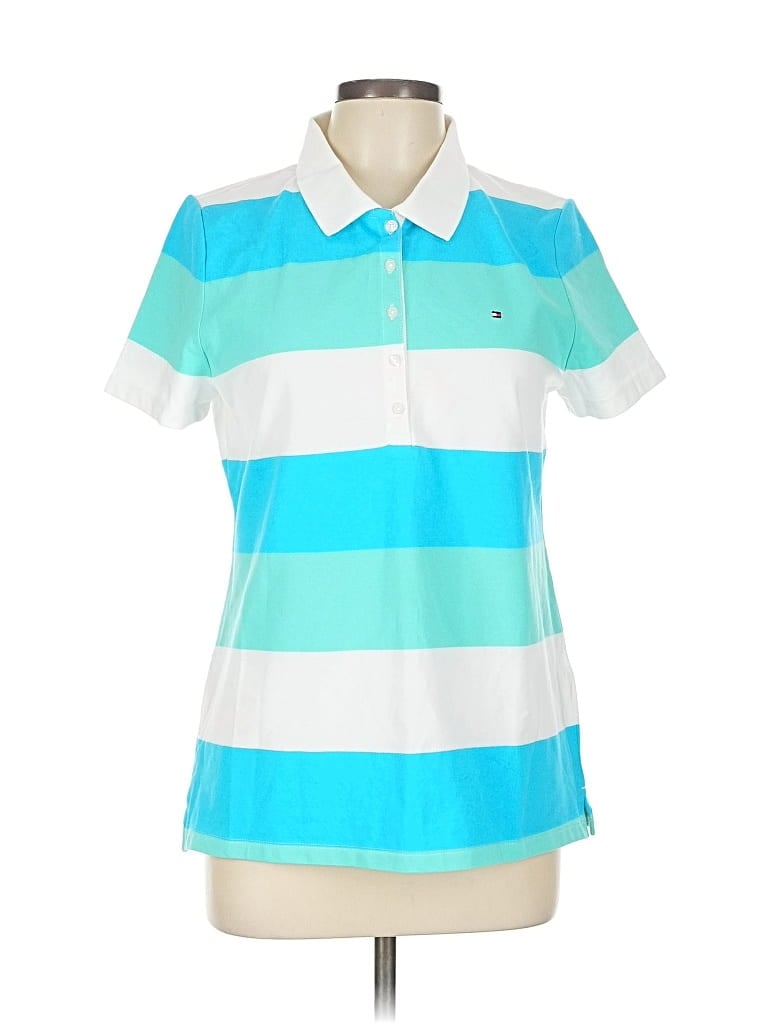 Pre-owned Tommy Hilfiger Short Sleeve Top Teal Collared Neckline Tops In Blue