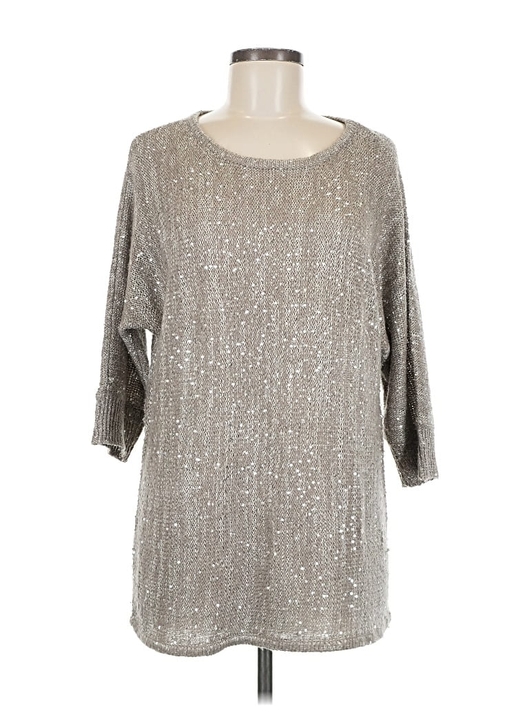 Pre-owned Blue Saks Fifth Avenue 3/4 Sleeve Top Silver Metallic Pattern Scoop Neck Tops