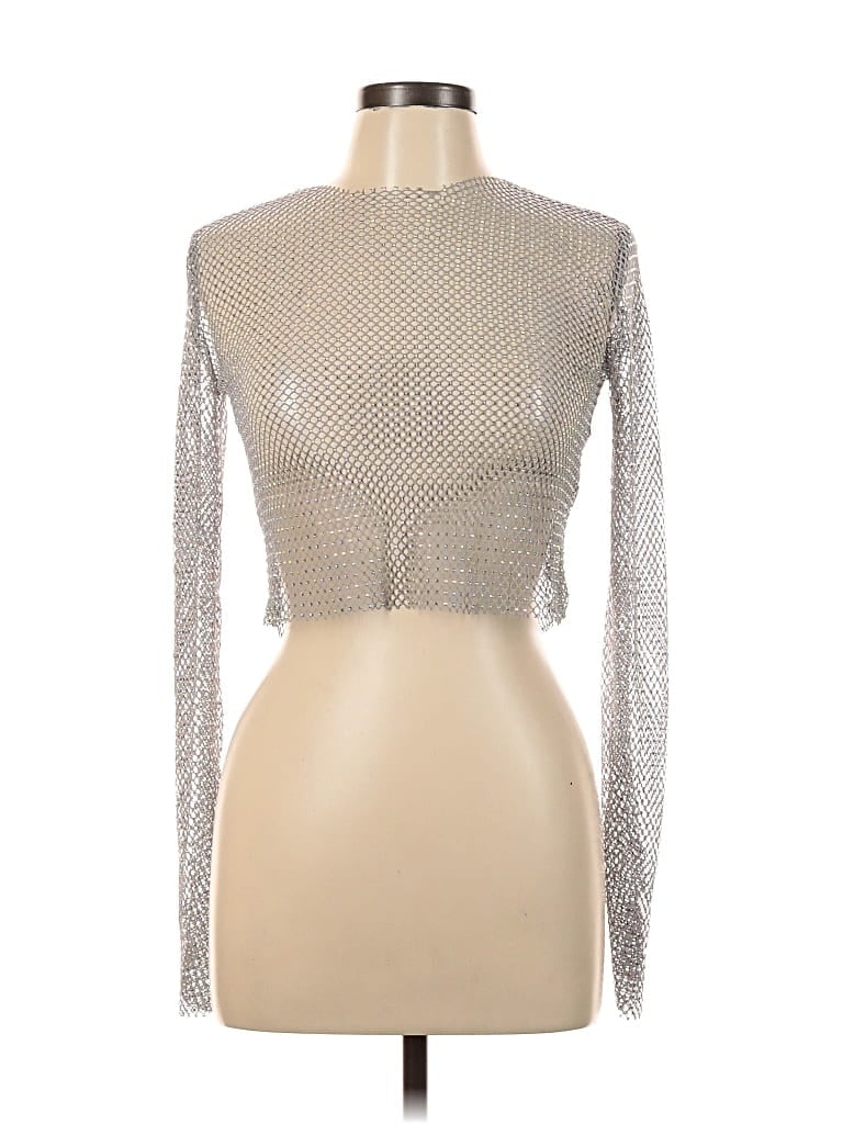 Bershka Long Sleeve Top Silver Metallic Pattern Square Neckline Tops