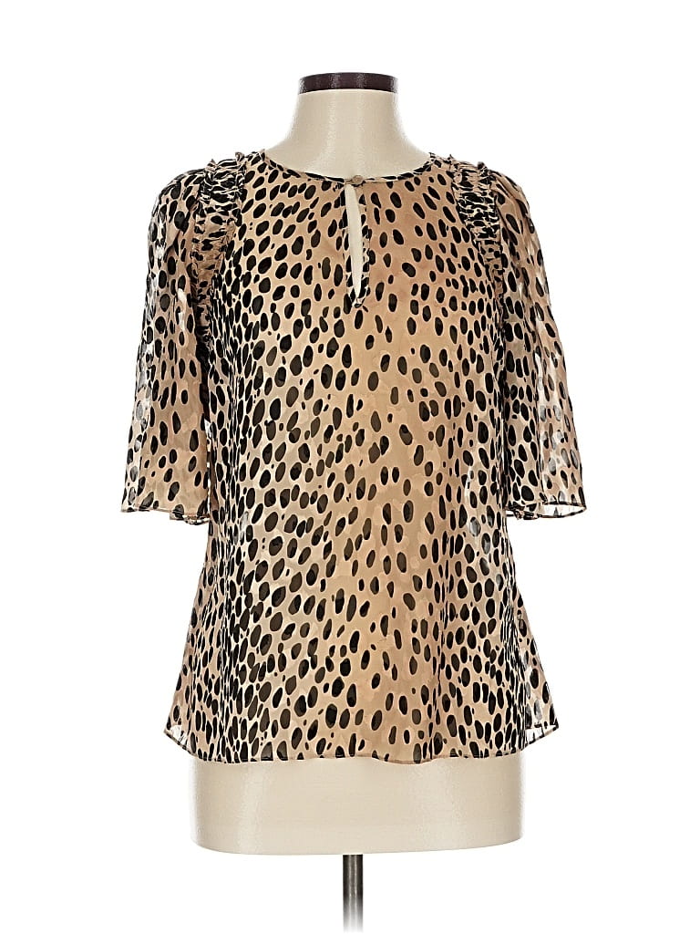 Pre-owned Rebecca Taylor 3/4 Sleeve Silk Top Tan Animal Print Pattern Keyhole Neckline Tops In Brown