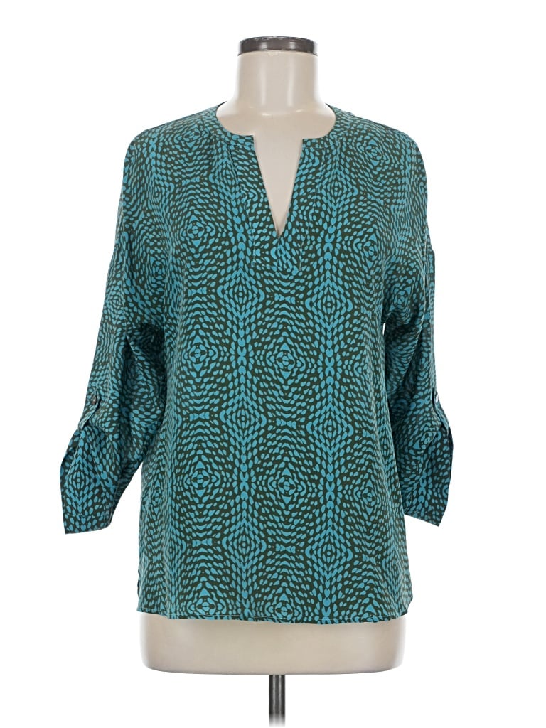 Pre-owned Ellie Kai 3/4 Sleeve Silk Top Teal V Neck Tops In Blue