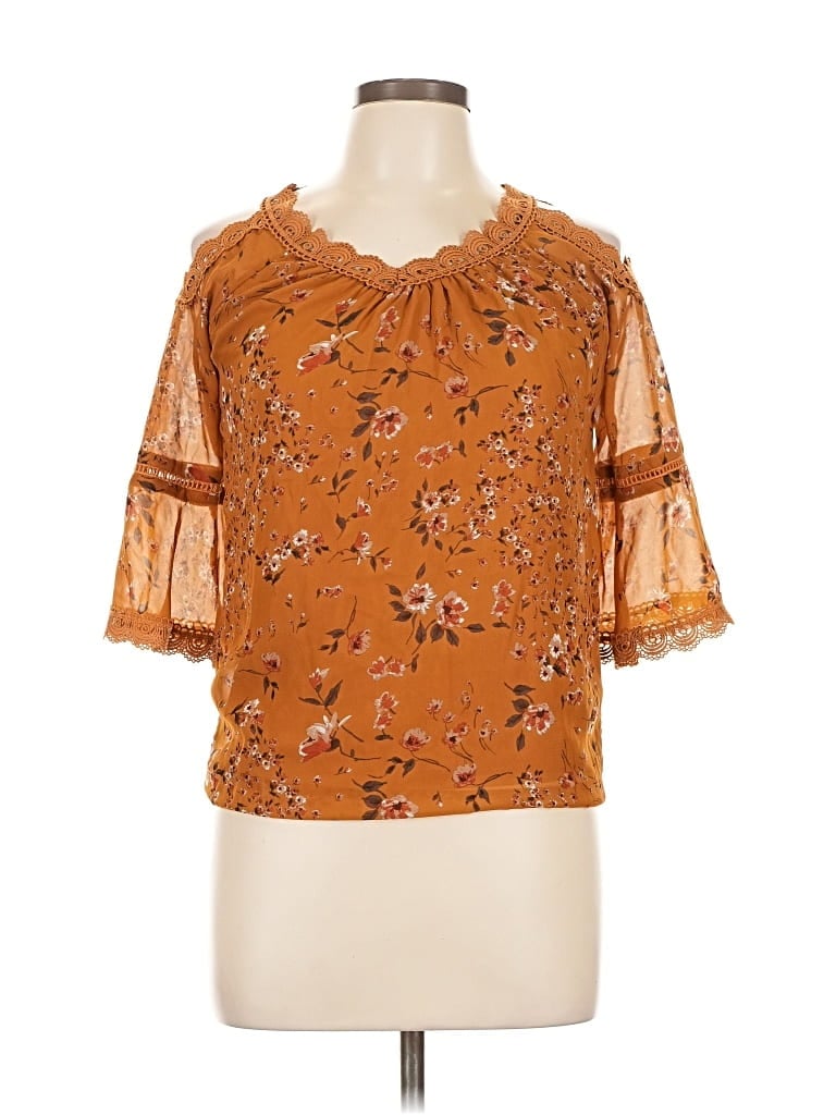 Pre-owned Knitworks Short Sleeve Blouse In Brown