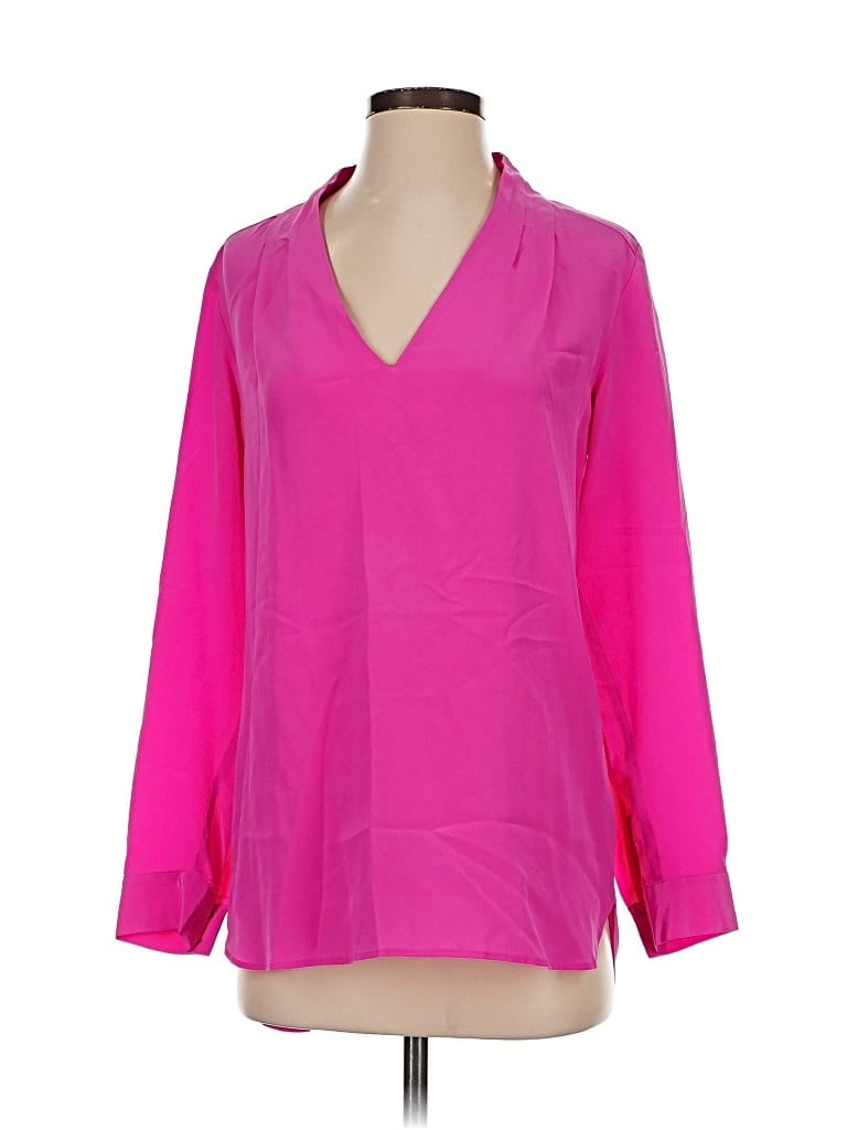 Pre-owned Marie Oliver Long Sleeve Silk Top Pink V-neck Tops