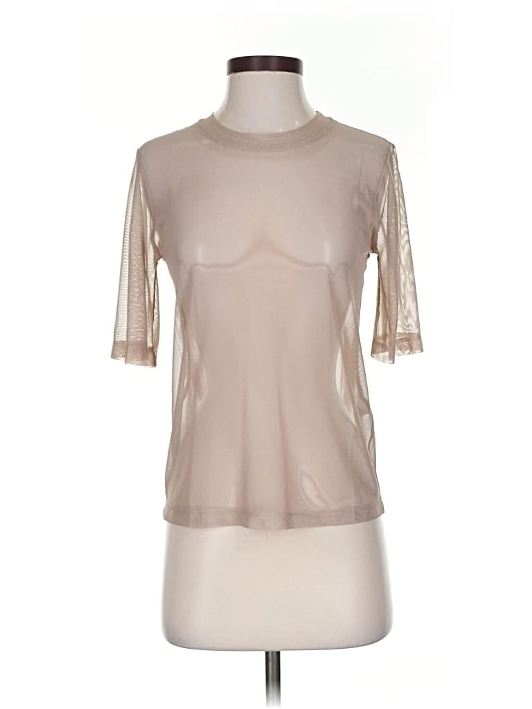 Pre-owned Porridge Short Sleeve Top Tan Mock Neckline Tops In Brown