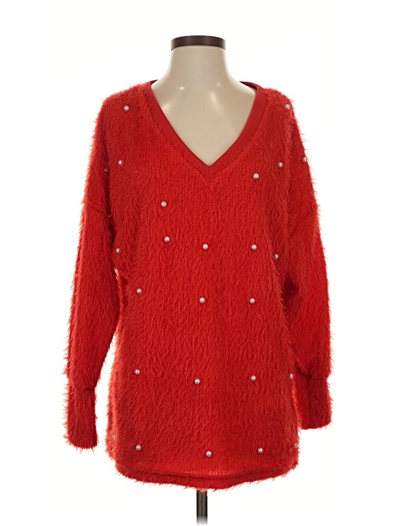 Pre-owned Chicme Long Sleeve Top Red V Neck Tops