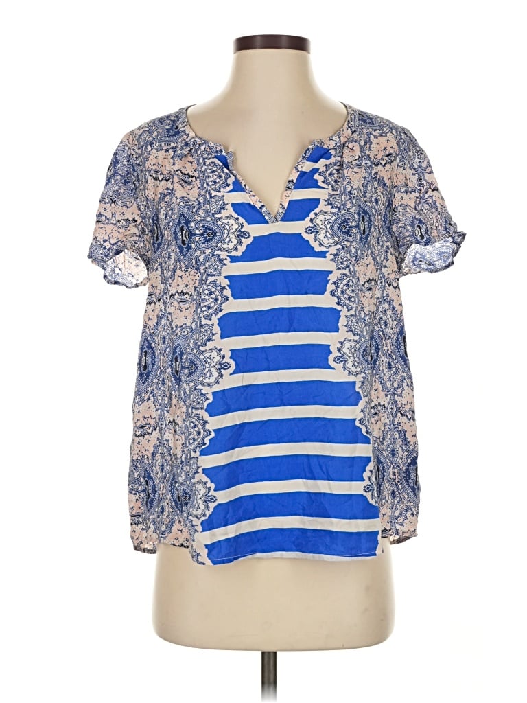 Pre-owned Maeve Short Sleeve Silk Top Blue V Neck Tops