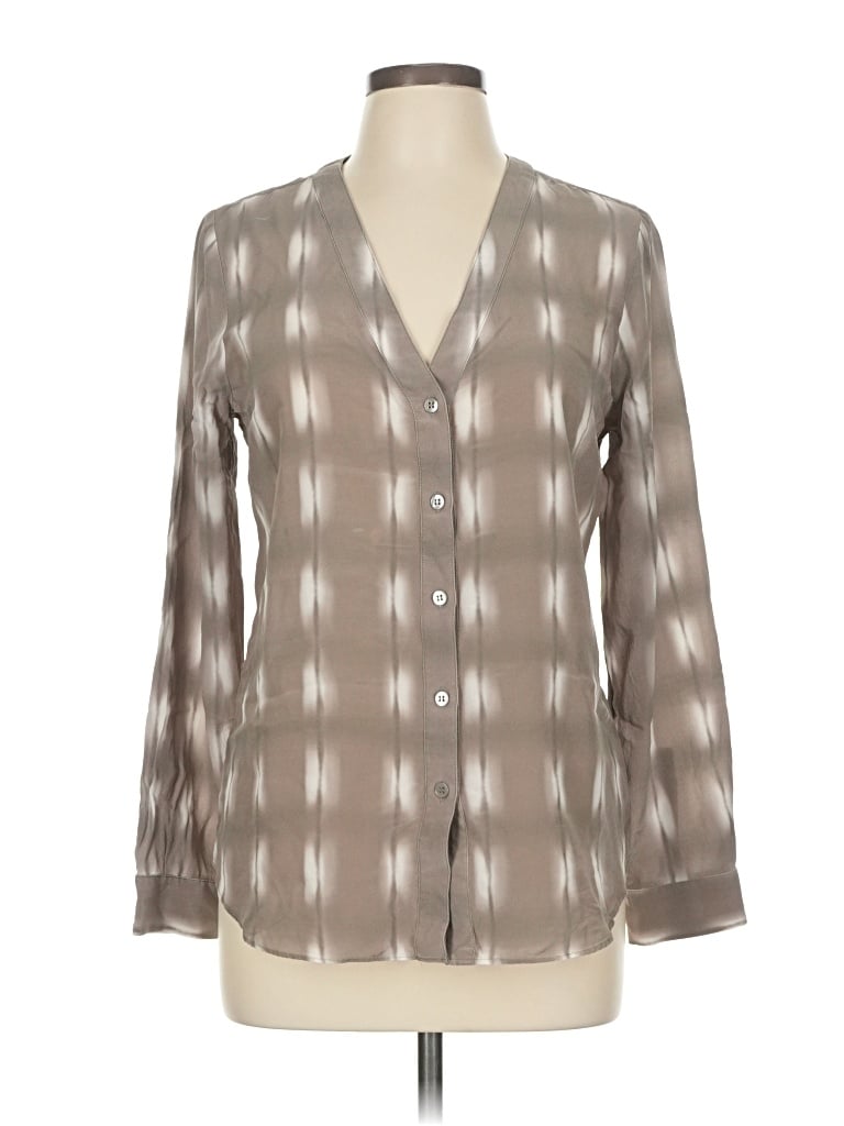 Pre-owned E3 By Etcetera Long Sleeve Silk Top Gray Plunge Neckline Tops