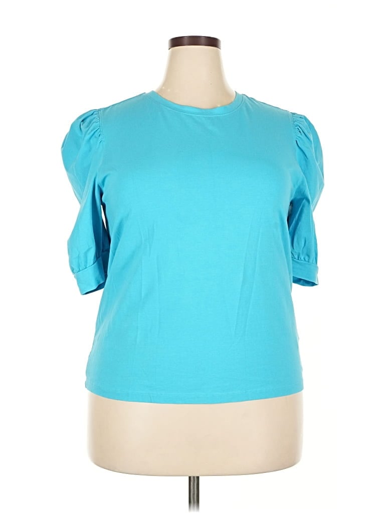 Pre-owned The Drop Short Sleeve Top Teal Keyhole Neckline Tops In Blue