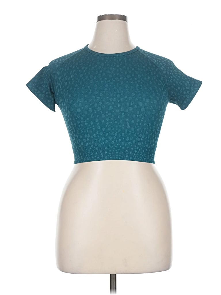 Pre-owned Aybl Short Sleeve Top Teal Mock Neckline Tops In Blue