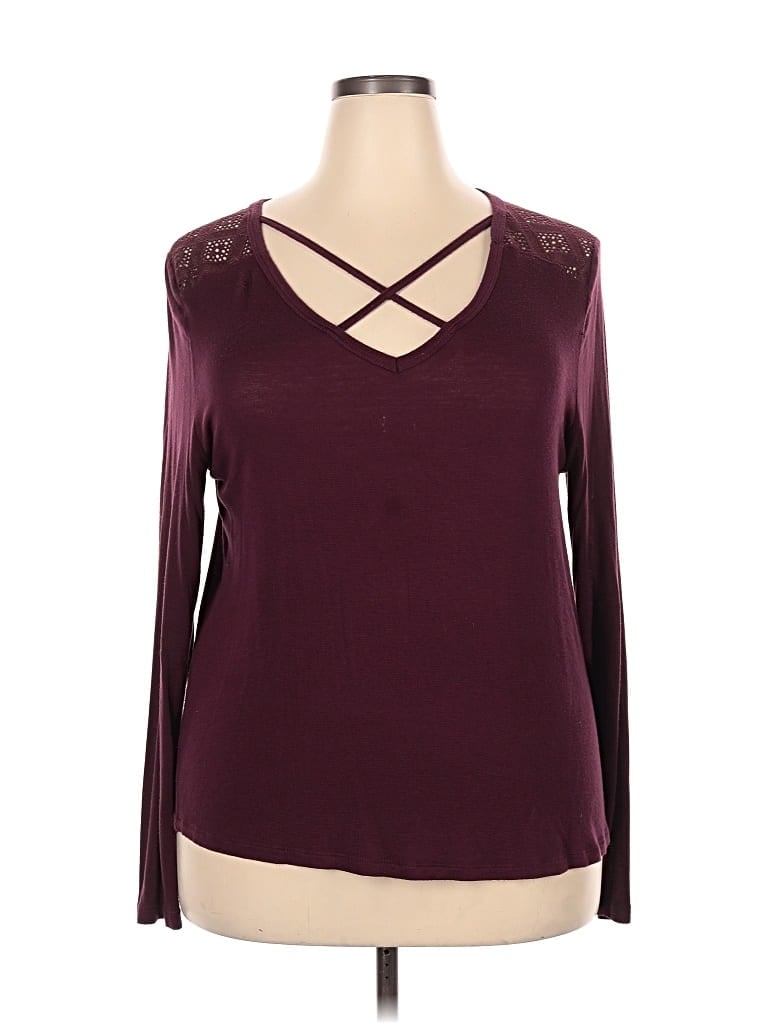 Pre-owned Glitz Long Sleeve Top Burgundy Keyhole Neckline Tops