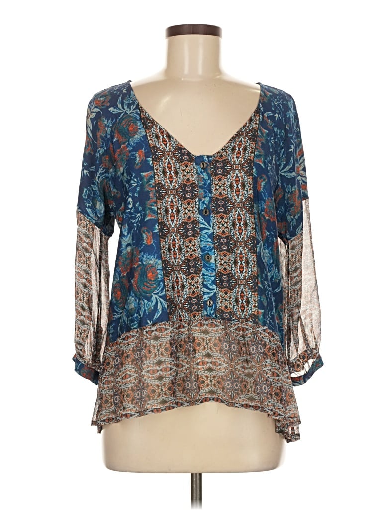 Pre-owned Gypsy 05 3/4 Sleeve Silk Top Blue Aztec Or Tribal Print Pattern Plunge Neckline Tops
