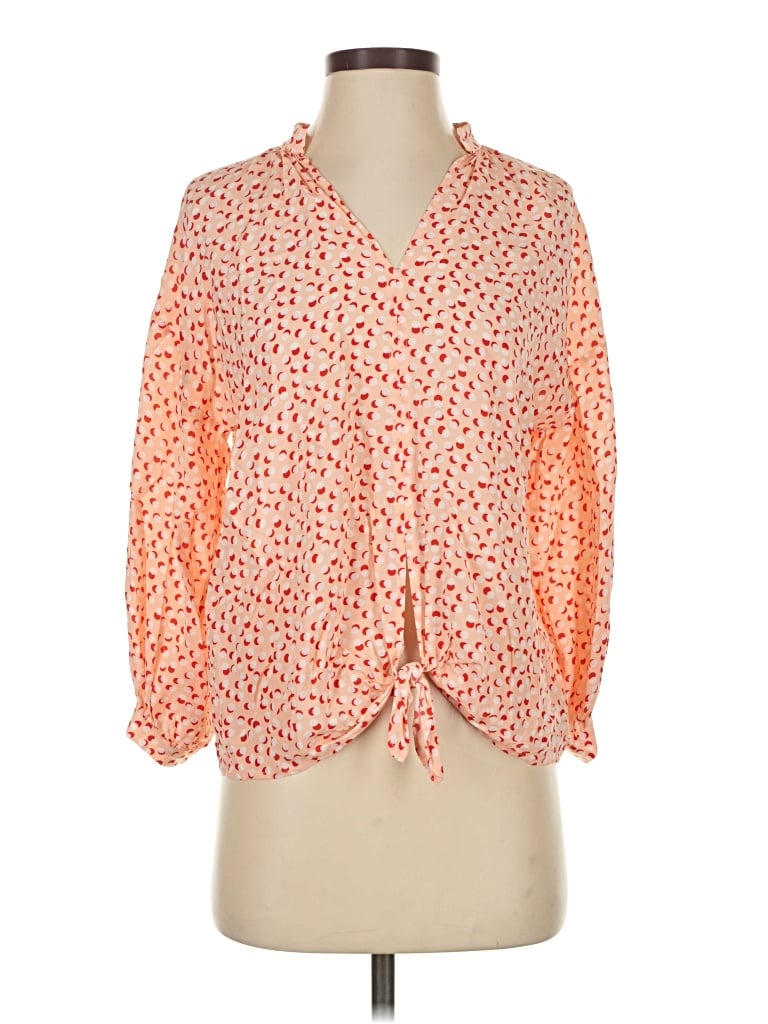 Pre-owned Marie Oliver 3/4 Sleeve Silk Top Orange Plunge Neckline Tops