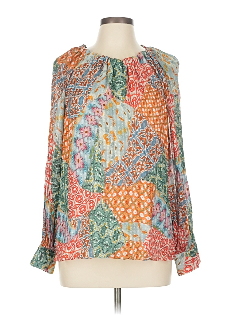 Pre-owned Marie Oliver Long Sleeve Silk Top Teal Keyhole Neckline Tops In Blue