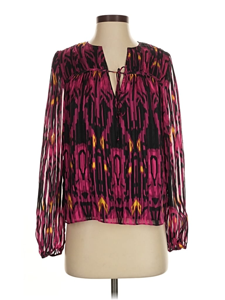 Pre-owned Marie Oliver Long Sleeve Silk Top Purple Keyhole Neckline Tops