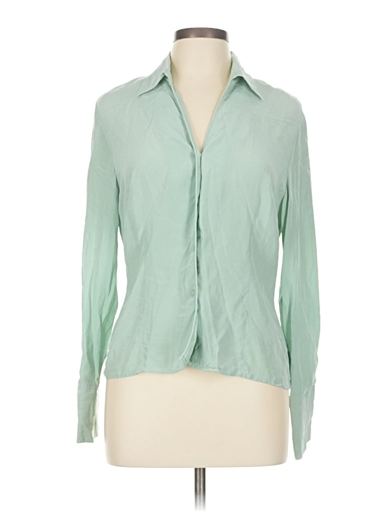Pre-owned Jones Wear Long Sleeve Silk Top Green Open Neckline Tops
