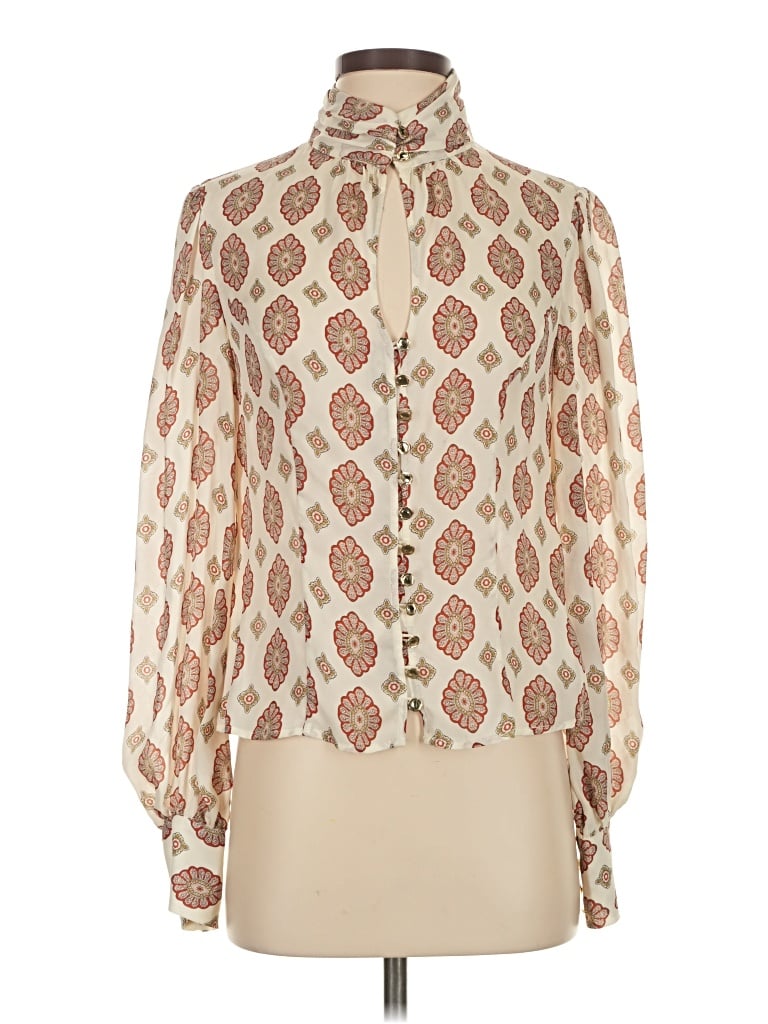 Pre-owned Nicholas Long Sleeve Silk Top Ivory Paisley Pattern High Neck Tops In White