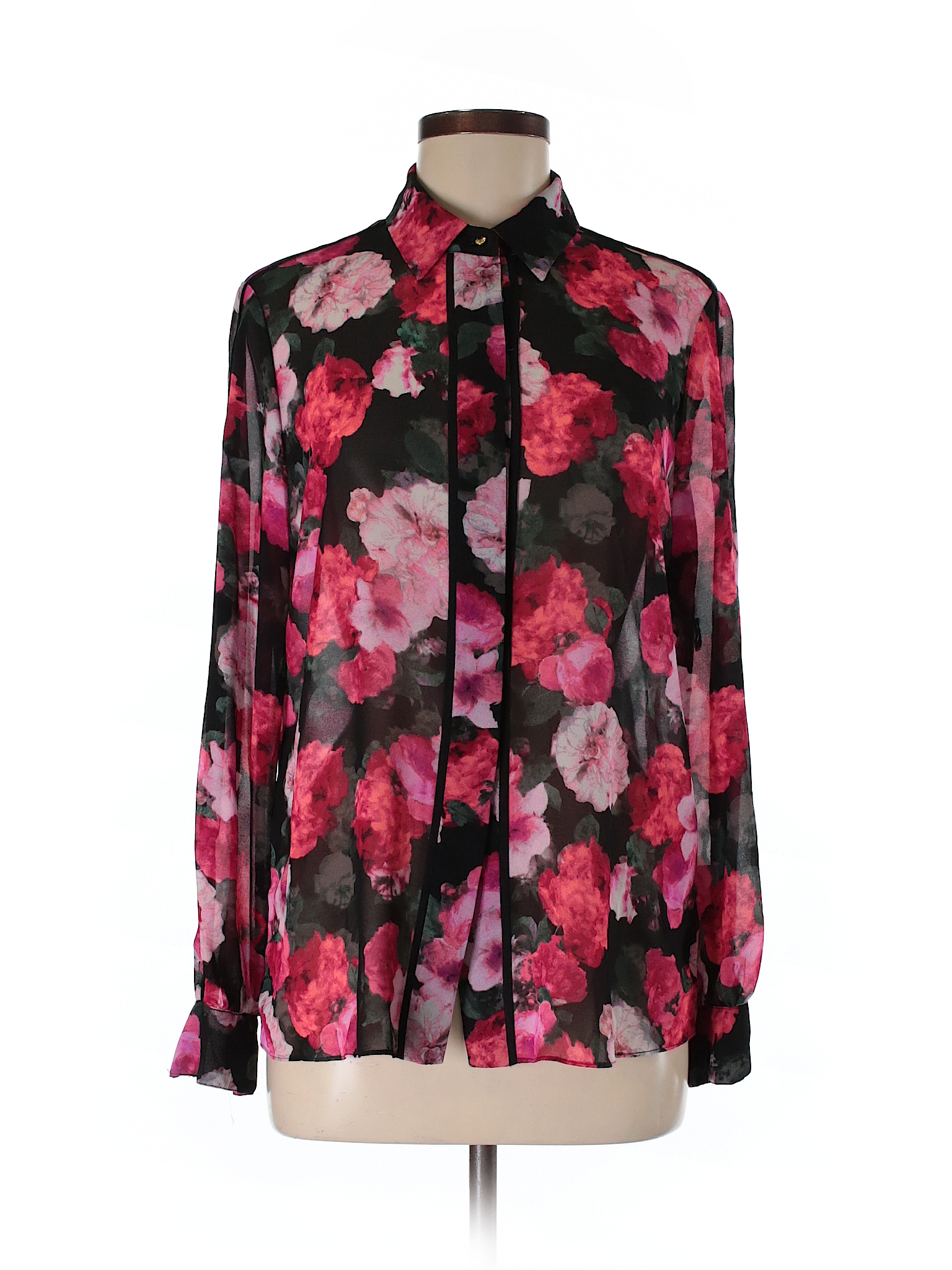 Ellen Tracy 100% Polyester Floral Black Long Sleeve Blouse Size S - 94% ...