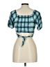 Xtraordinary 100% Rayon Checkered-gingham Blue Teal Short Sleeve Top Size L - photo 2